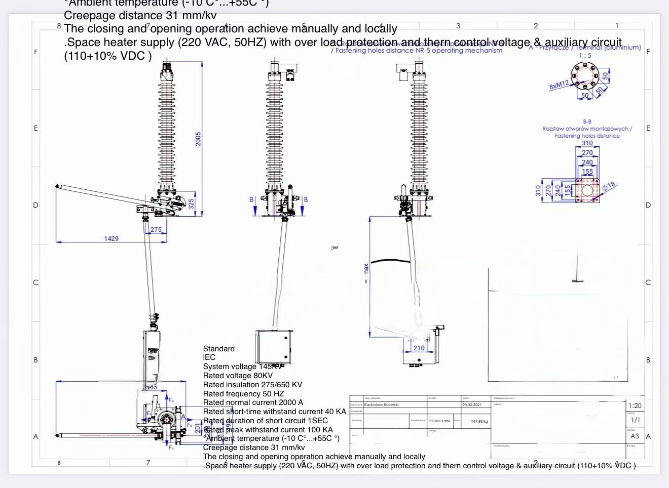 145kV disconnector earthing switch technical data drawing