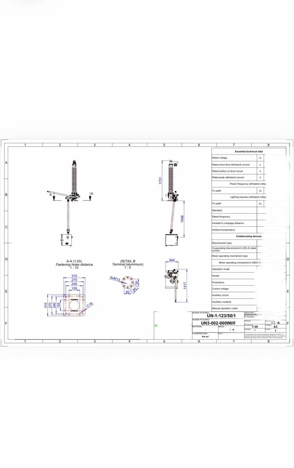 145kV disconnector mounting arrangement drawing for 132kV transmission line