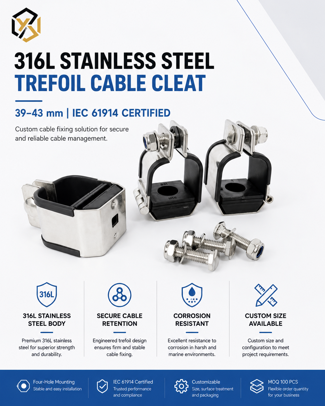 Customized Size 316L Stainless Steel Quad Trefoil Cable Cleats 39-43mm IEC 61914 Cerficicated
