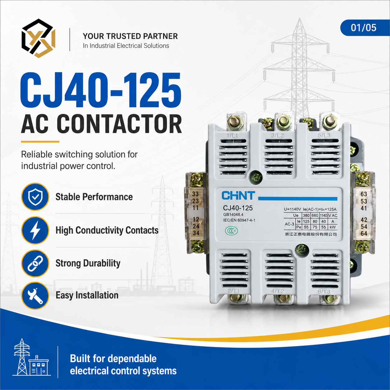 CHINT CJ40 Series 3 Phase AC Contactor 3P 160A CJ40-200 110V 127V 220V 380V 48V