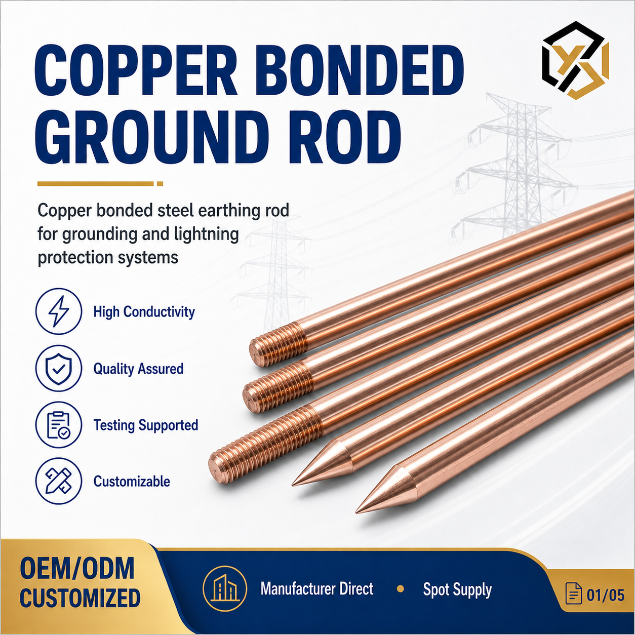 Copper Bonded Ground Rod Copper Clad Steel Earthing Rod for Electrical Grounding System Manufacturer