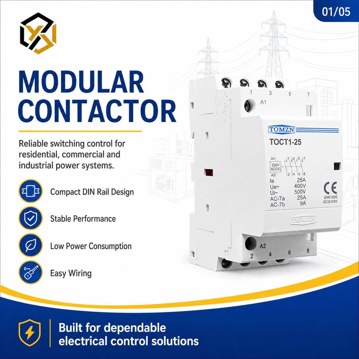 TOMZN 4P AC/DC 25A 2 Phase Contactor Control Circuit 4NC 4NO 2NO2NC 24V 110V 220V 50Hz Din Rail Modular Changeover Switch