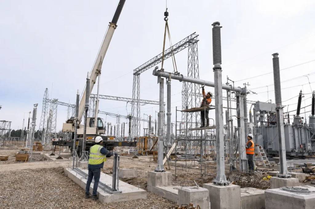 Workers installing high-voltage substation equipment with a crane at a 500kV project site