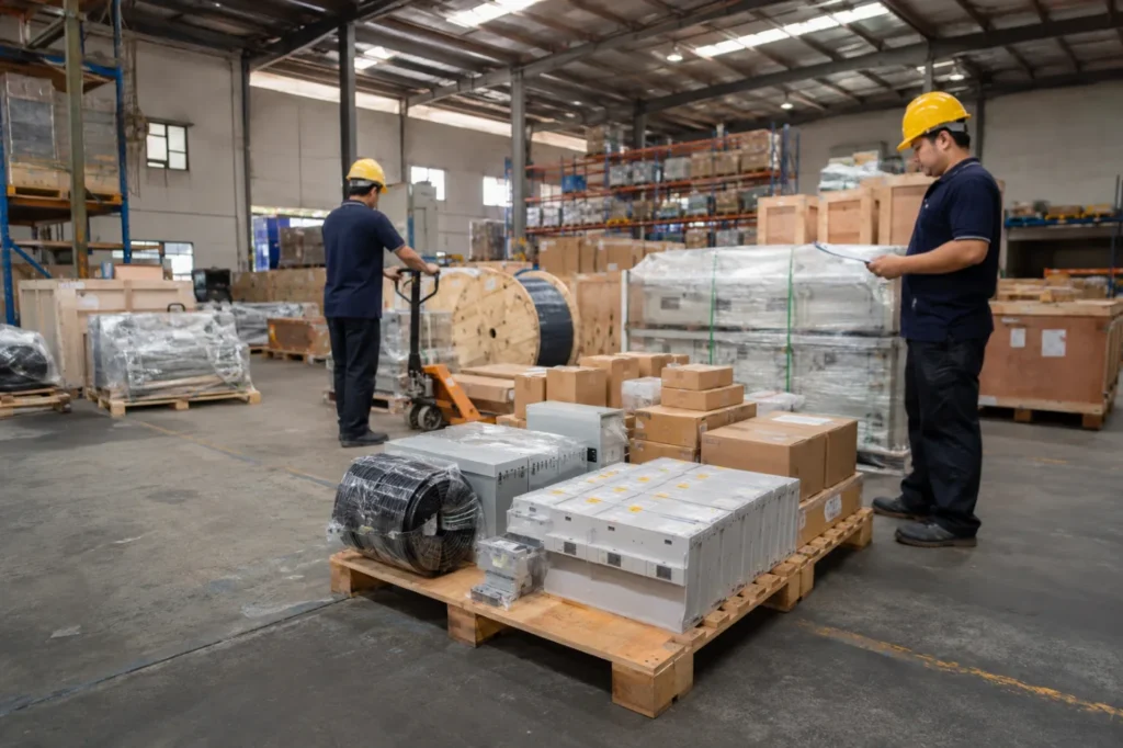 Warehouse staff consolidating packaged electrical equipment from multiple suppliers