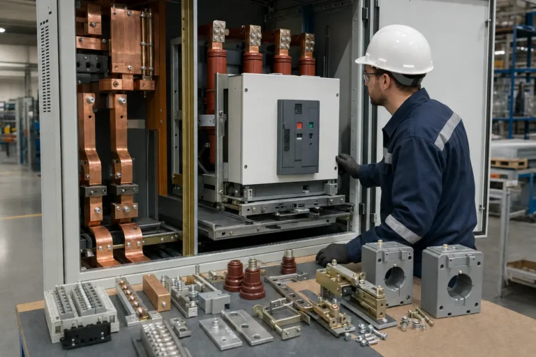 Switchgear cabinet and accessories checked by an engineer for an RFQ list
