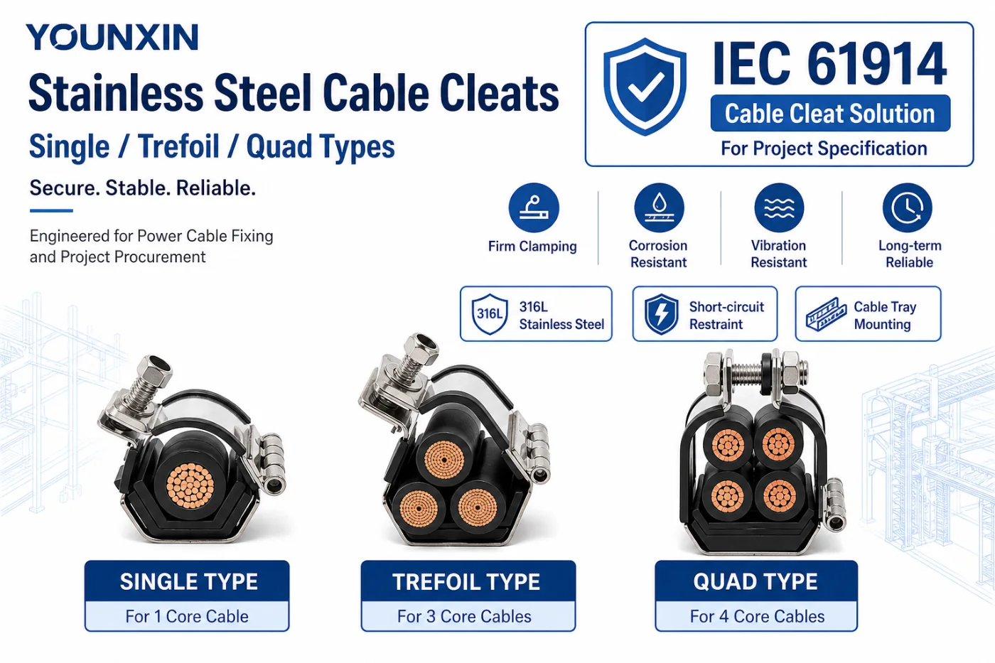 Younxin IEC 61914 stainless steel cable cleats infographic for single trefoil and quad cable arrangements